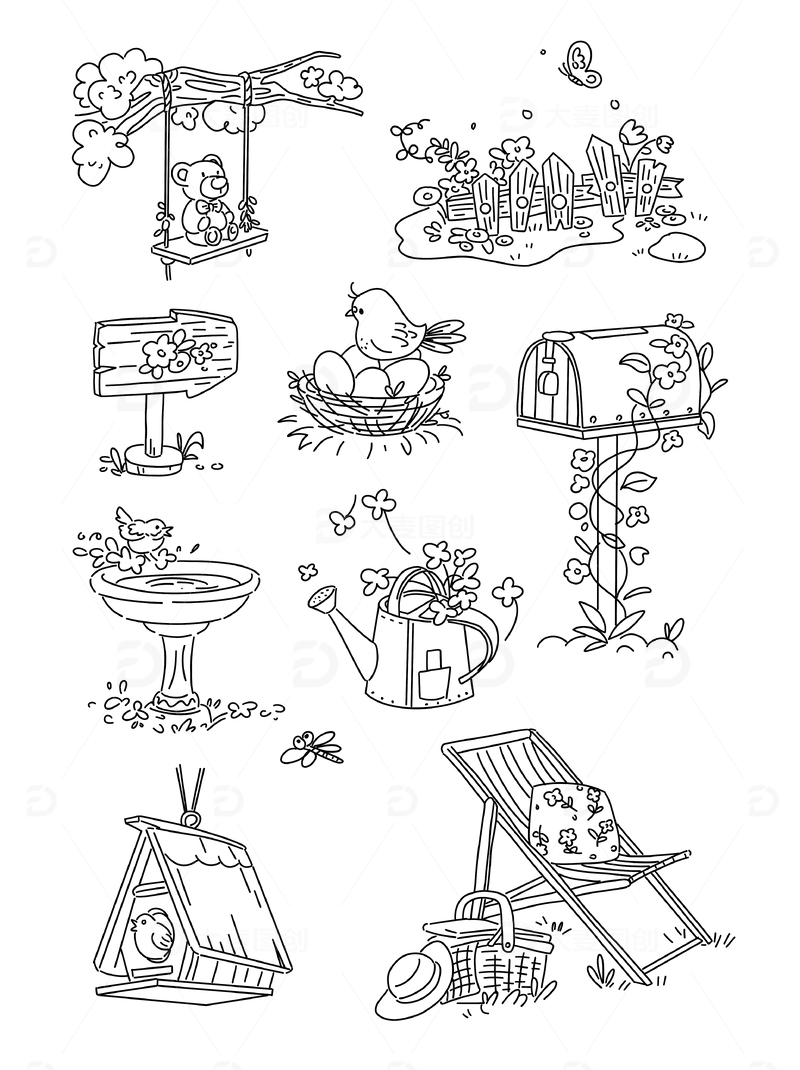 手绘线条植物插画免扣素材套图