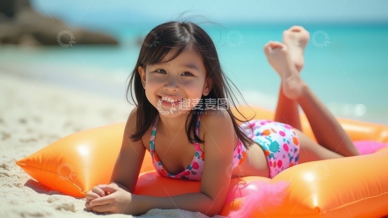 高清大图下载【趣麦麦图】小女孩海滩躺浮垫