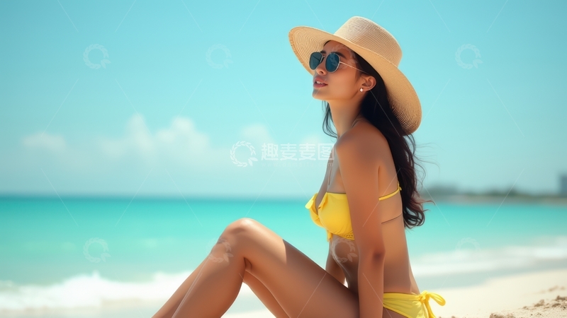 高清大图下载【趣麦麦图】女子海滩戴帽闲适坐姿