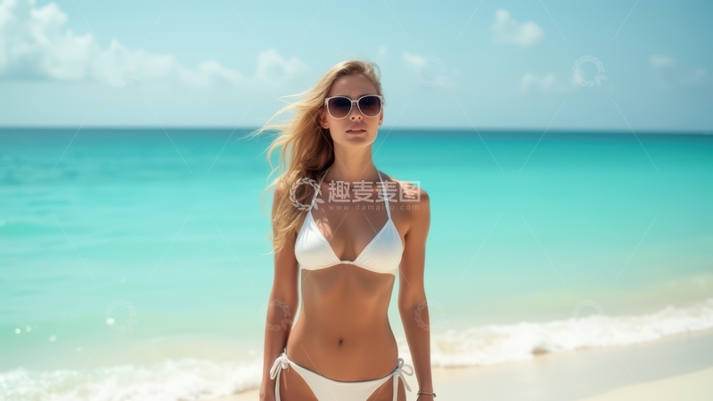 高清大图下载【趣麦麦图】女子海滩白色比基尼造型