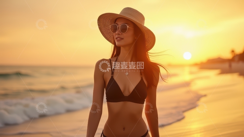 高清大图下载【趣麦麦图】夕阳下戴帽女子海滩漫步