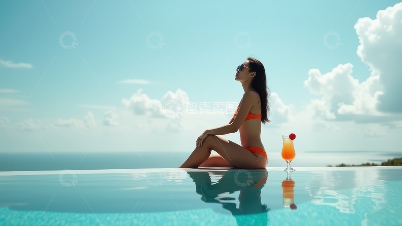 高清大图下载【趣麦麦图】女子泳池边静享海景时光