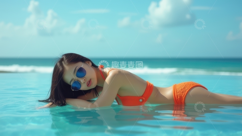 高清大图下载【趣麦麦图】女子泳池漂浮惬意模样