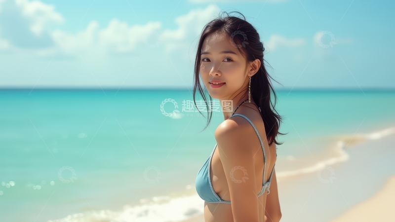 高清大图下载【趣麦麦图】女子海滩站立蓝色泳装