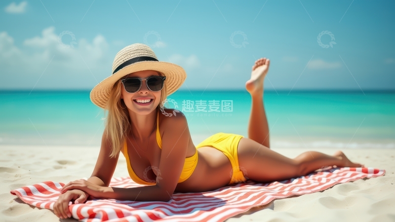 高清大图下载【趣麦麦图】女子沙滩躺卧微笑模样