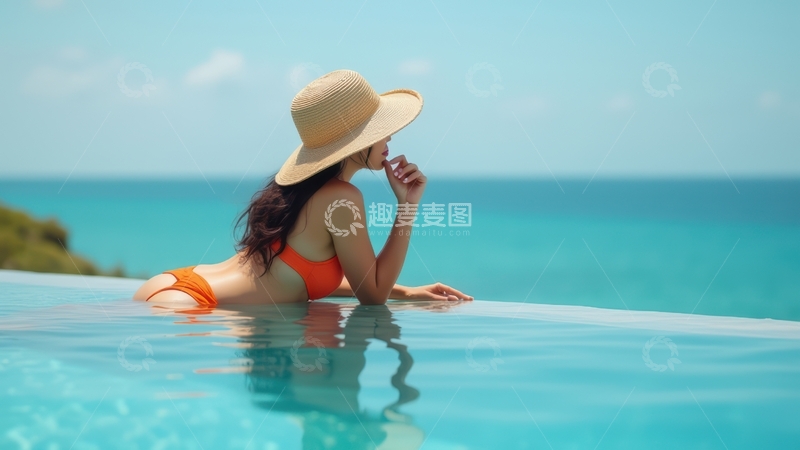 高清大图下载【趣麦麦图】女子泳池边戴帽优雅姿态