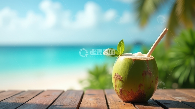 高清大图下载【趣麦麦图】木桌上海滩边的椰子饮品