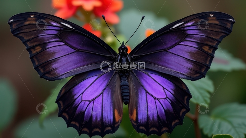 高清大图下载【趣麦麦图】红花旁的紫蝴蝶