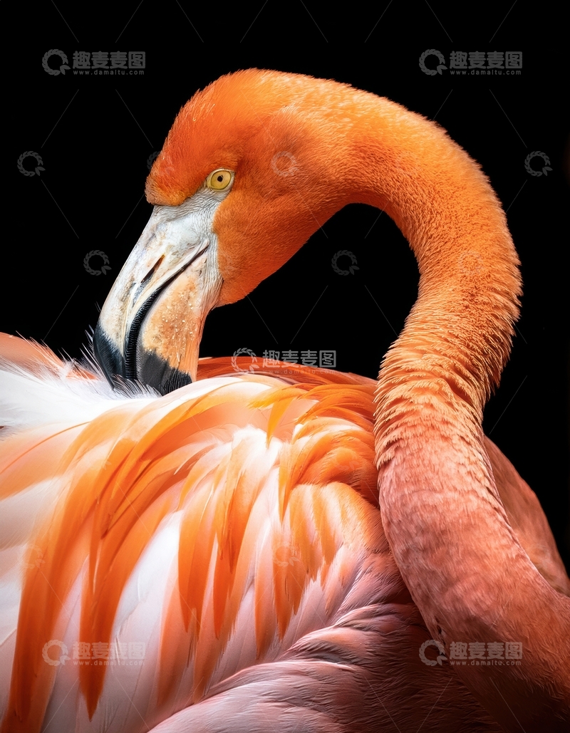 高清大图下载【趣麦麦图】火烈鸟低头理羽姿态特写