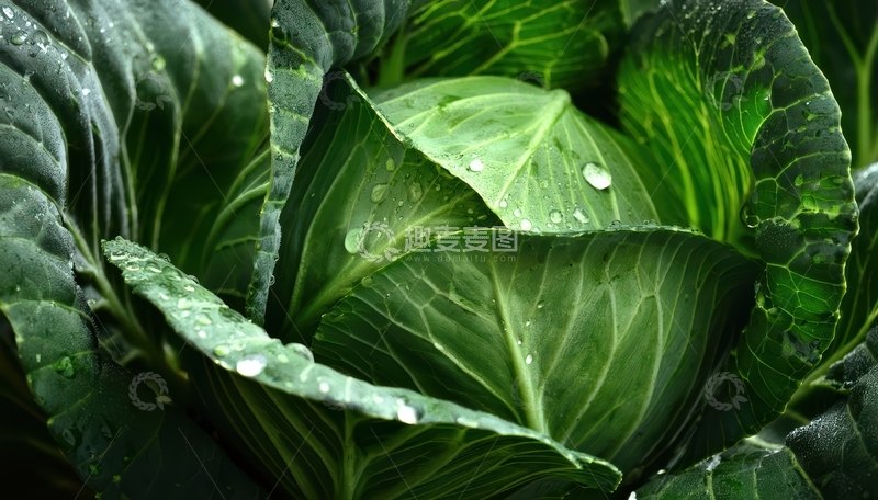 高清大图下载【趣麦麦图】带水珠卷心菜叶片特写