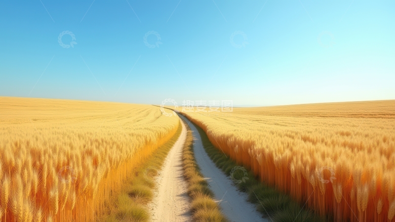 高清大图下载【趣麦麦图】蓝天下麦田中的蜿蜒小路