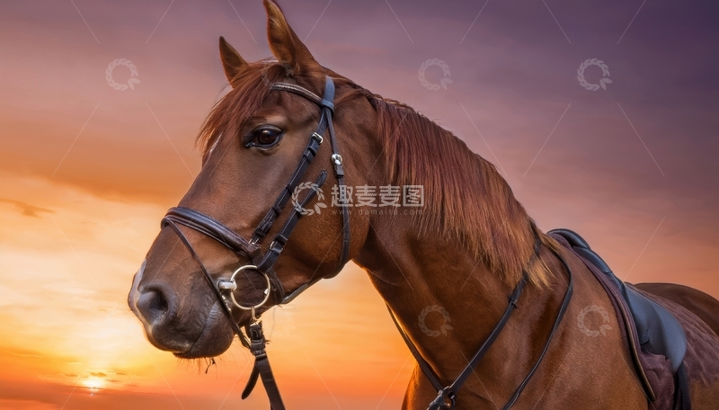 高清大图下载【趣麦麦图】夕阳下的棕马侧影