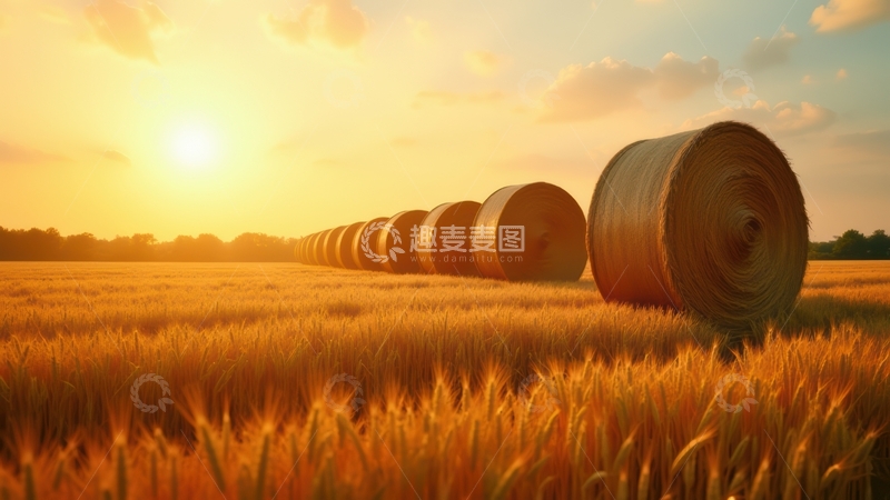 高清大图下载【趣麦麦图】夕阳下田野的麦垛风光