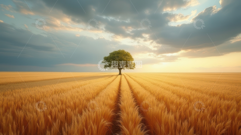 高清大图下载【趣麦麦图】黄昏时麦田中的孤独树木