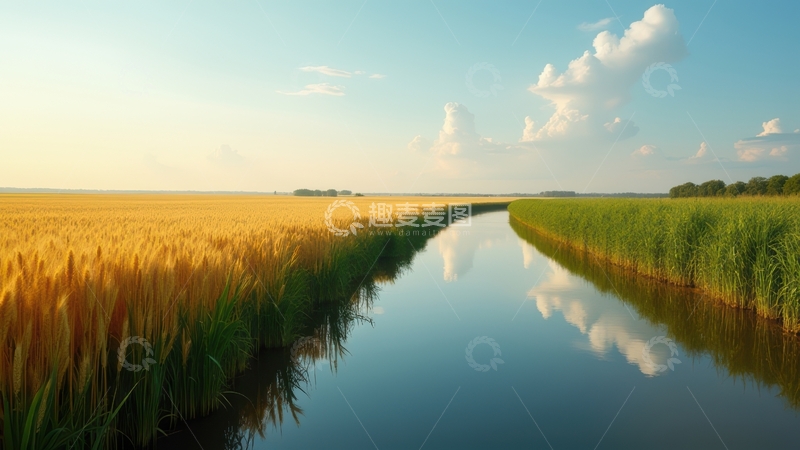 高清大图下载【趣麦麦图】麦田间静美的水道风光