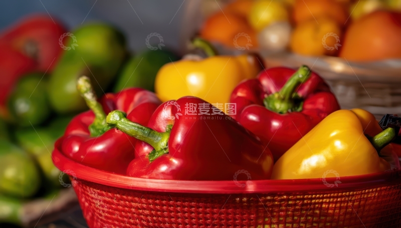 高清大图下载【趣麦麦图】红黄色彩椒于红篮展示