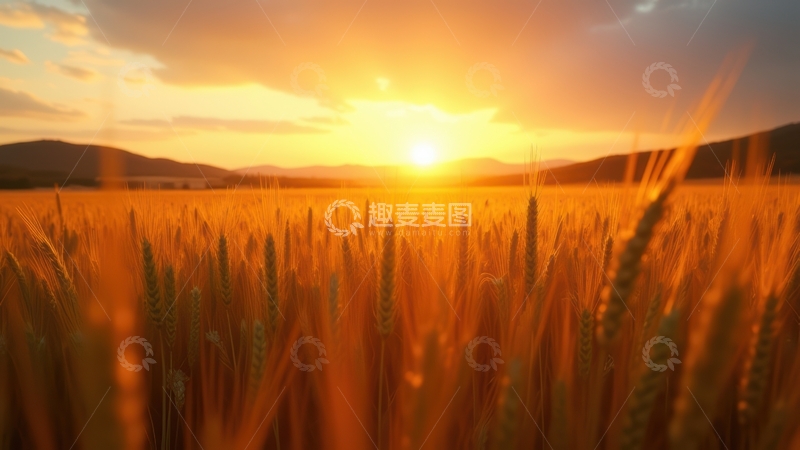 高清大图下载【趣麦麦图】夕阳下金灿的麦田风光