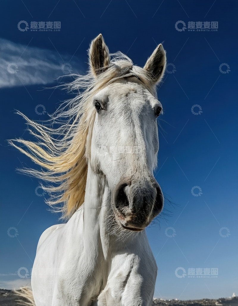 高清大图下载【趣麦麦图】蓝天前的白马正面特写