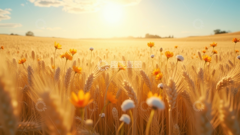 高清大图下载【趣麦麦图】晨光中绽放的麦田花海