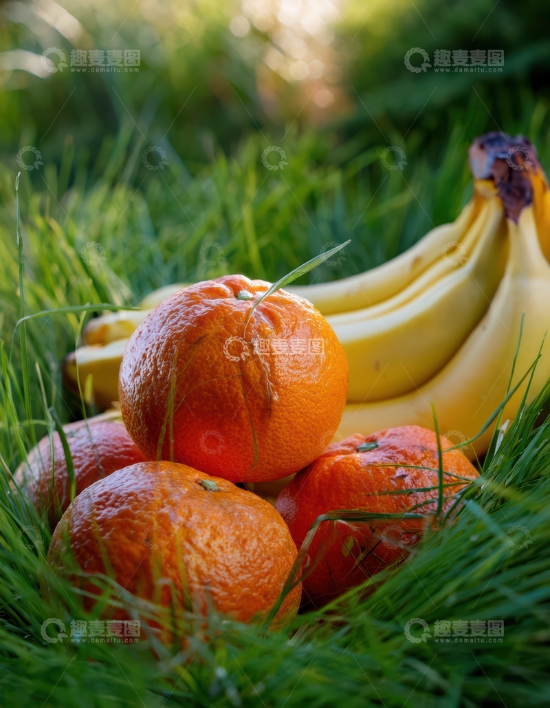 高清大图下载【趣麦麦图】草地上的橙与香蕉