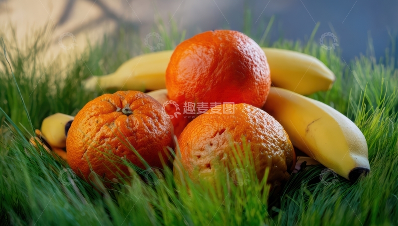 高清大图下载【趣麦麦图】草地上香蕉橙子组合