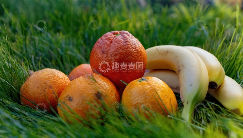 高清大图下载【趣麦麦图】草地上香蕉橙子摆放