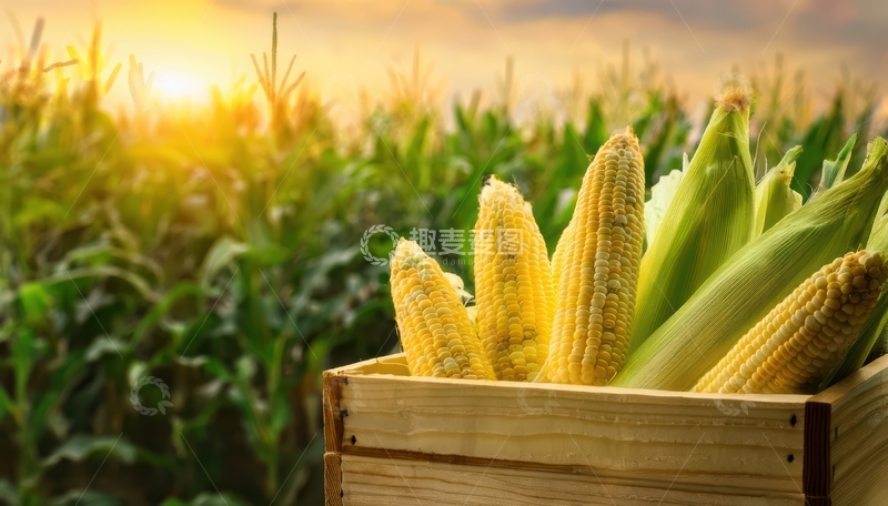 高清大图下载【趣麦麦图】木箱中的玉米与田野1