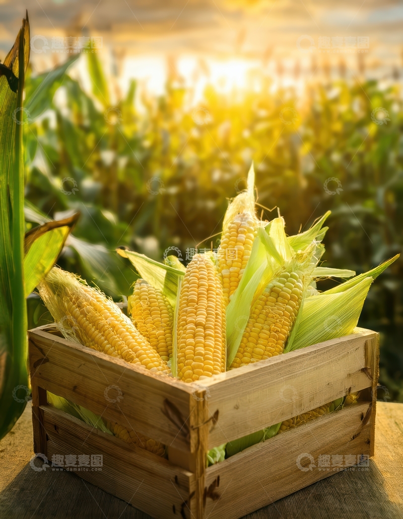 高清大图下载【趣麦麦图】夕阳下的玉米与木箱