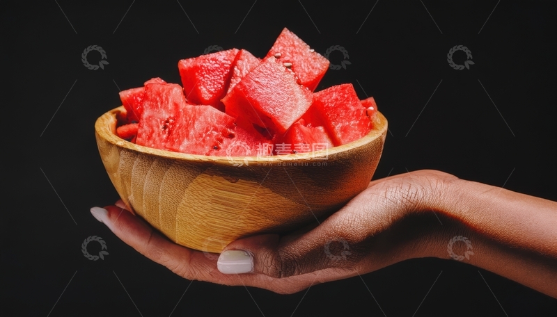 高清大图下载【趣麦麦图】手捧木碗西瓜块