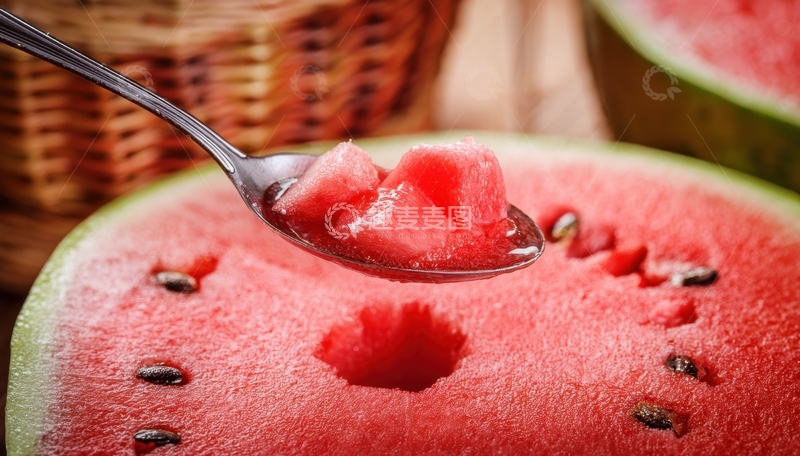 高清大图下载【趣麦麦图】-勺子挖取西瓜瓤