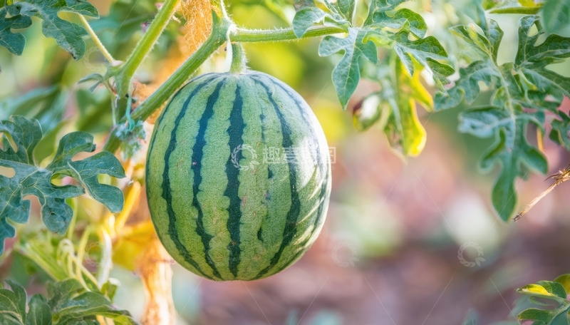 高清大图下载【趣麦麦图】藤蔓上的单个西瓜