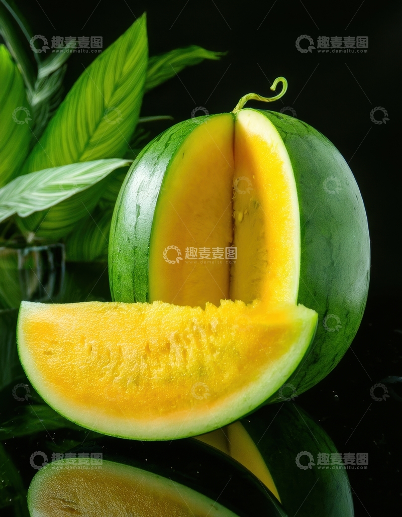 高清大图下载【趣麦麦图】黄瓤西瓜剖切展示