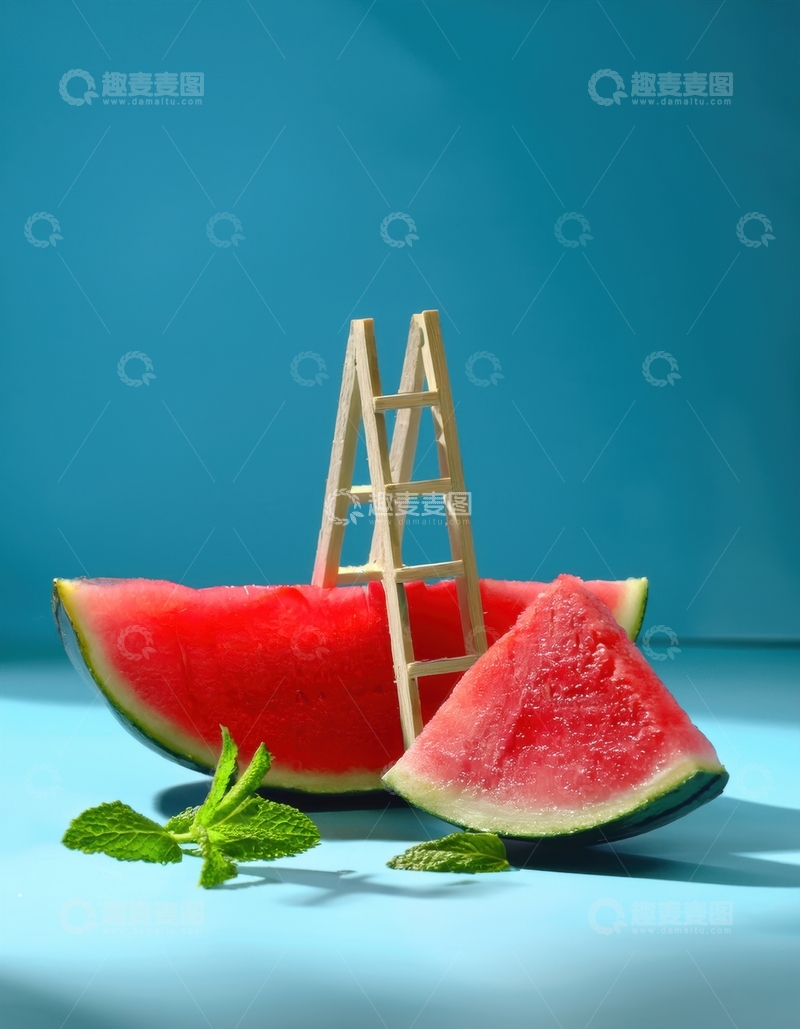 高清大图下载【趣麦麦图】木梯搭配的红瓤西瓜切片