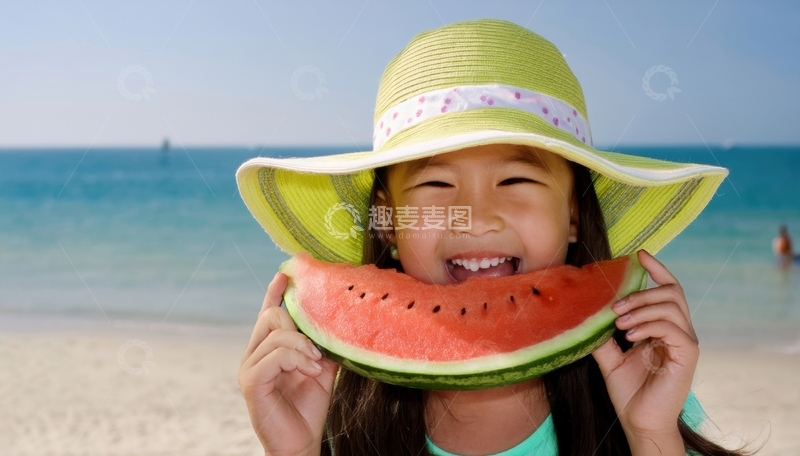 女孩海滩吃西瓜