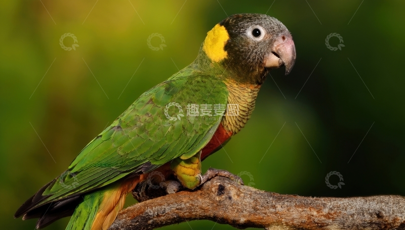 高清大图下载【趣麦麦图】绿枝上多彩的黄脸亚马逊鹦鹉