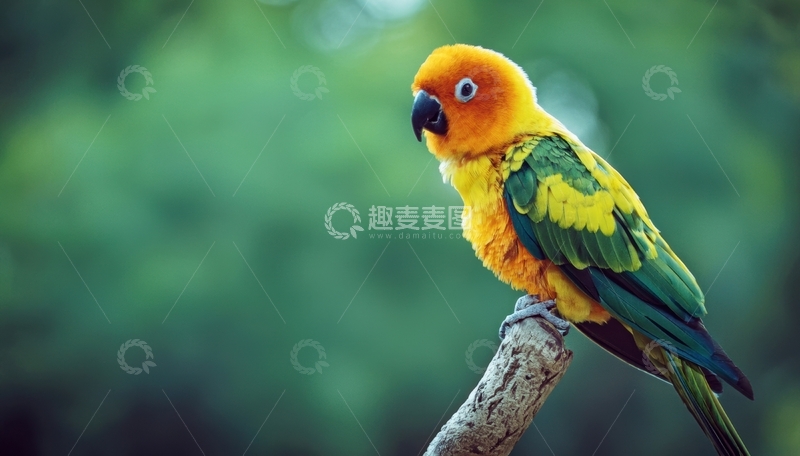 高清大图下载【趣麦麦图】绿景中橙绿鹦鹉的姿态