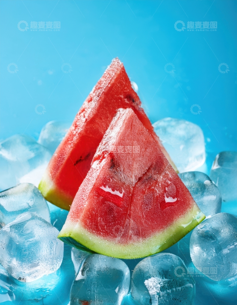 高清大图下载【趣麦麦图】冰块衬托的红瓤西瓜切块