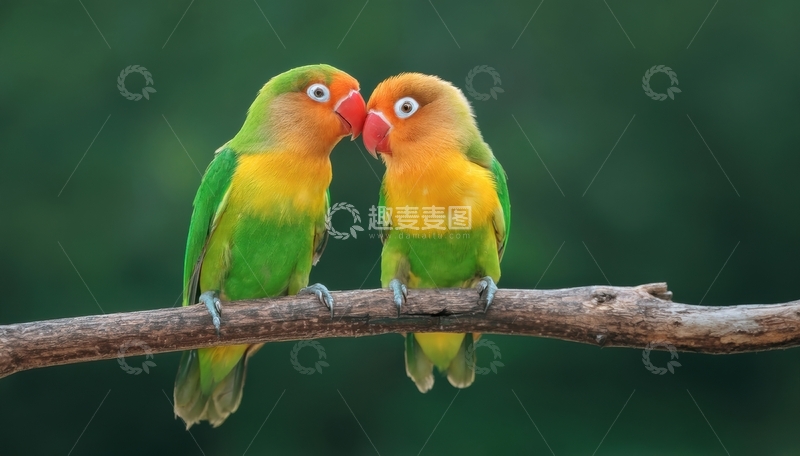 高清大图下载【趣麦麦图】绿背景中亲昵的情侣鹦鹉