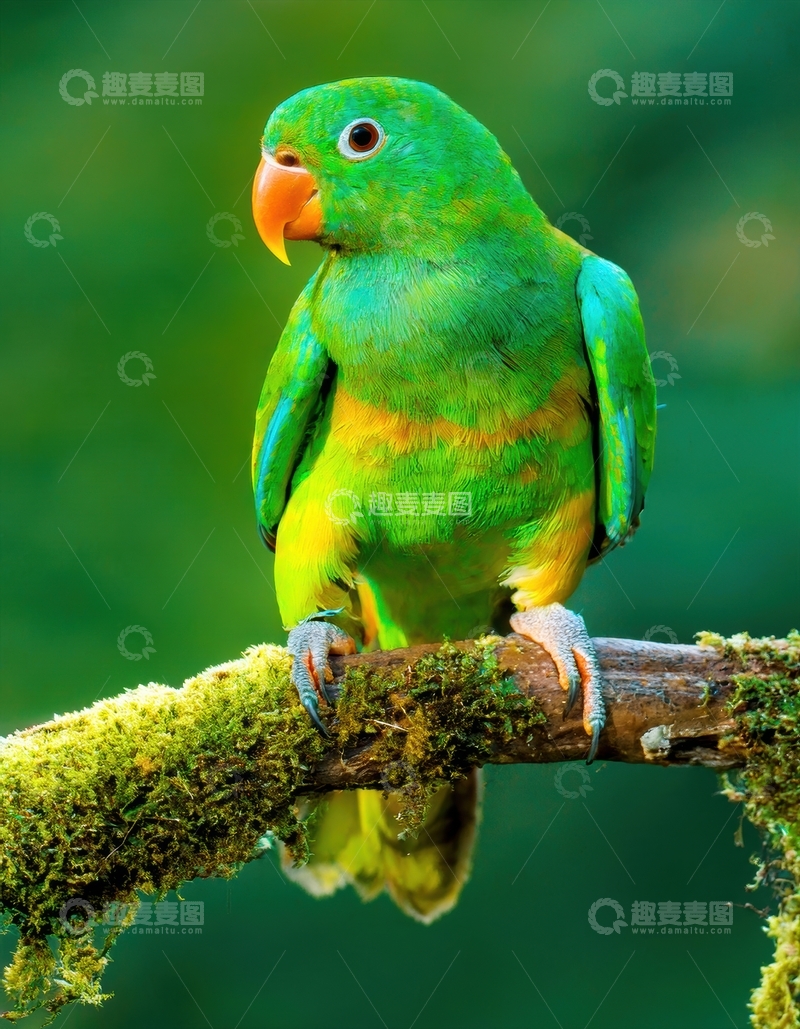 高清大图下载【趣麦麦图】绿苔枝上的绿黄鹦鹉
