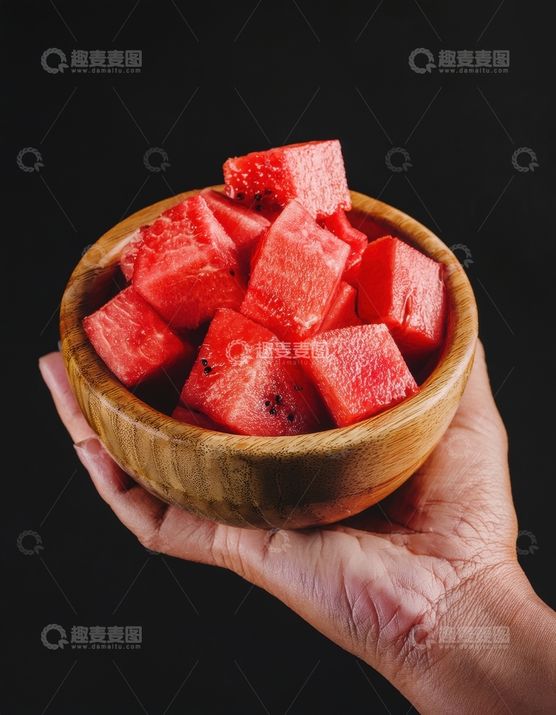 高清大图下载【趣麦麦图】木碗中盛的红瓤西瓜方块
