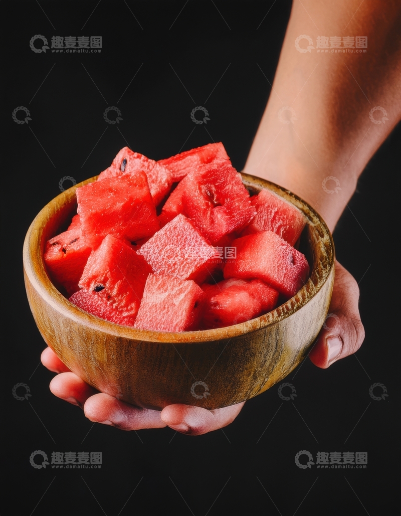 高清大图下载【趣麦麦图】木碗中盛着的红瓤西瓜块