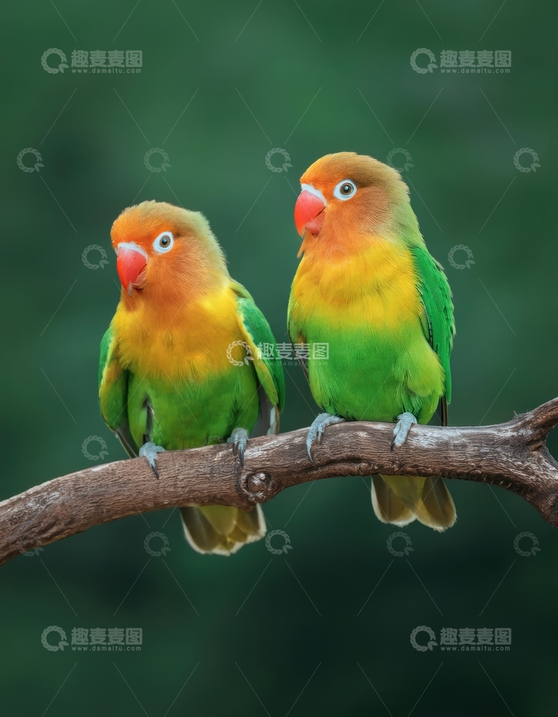 高清大图下载【趣麦麦图】绿枝上依偎的情侣鹦鹉