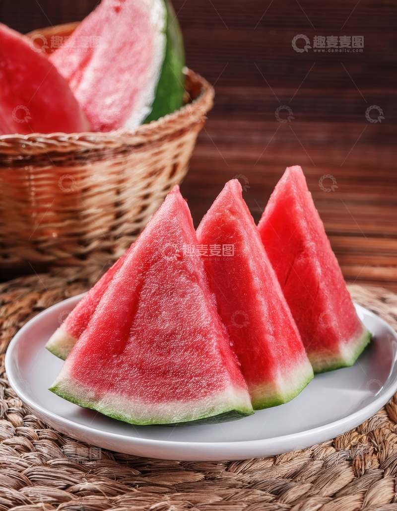 高清大图下载【趣麦麦图】盘中红瓤西瓜三角块摆放