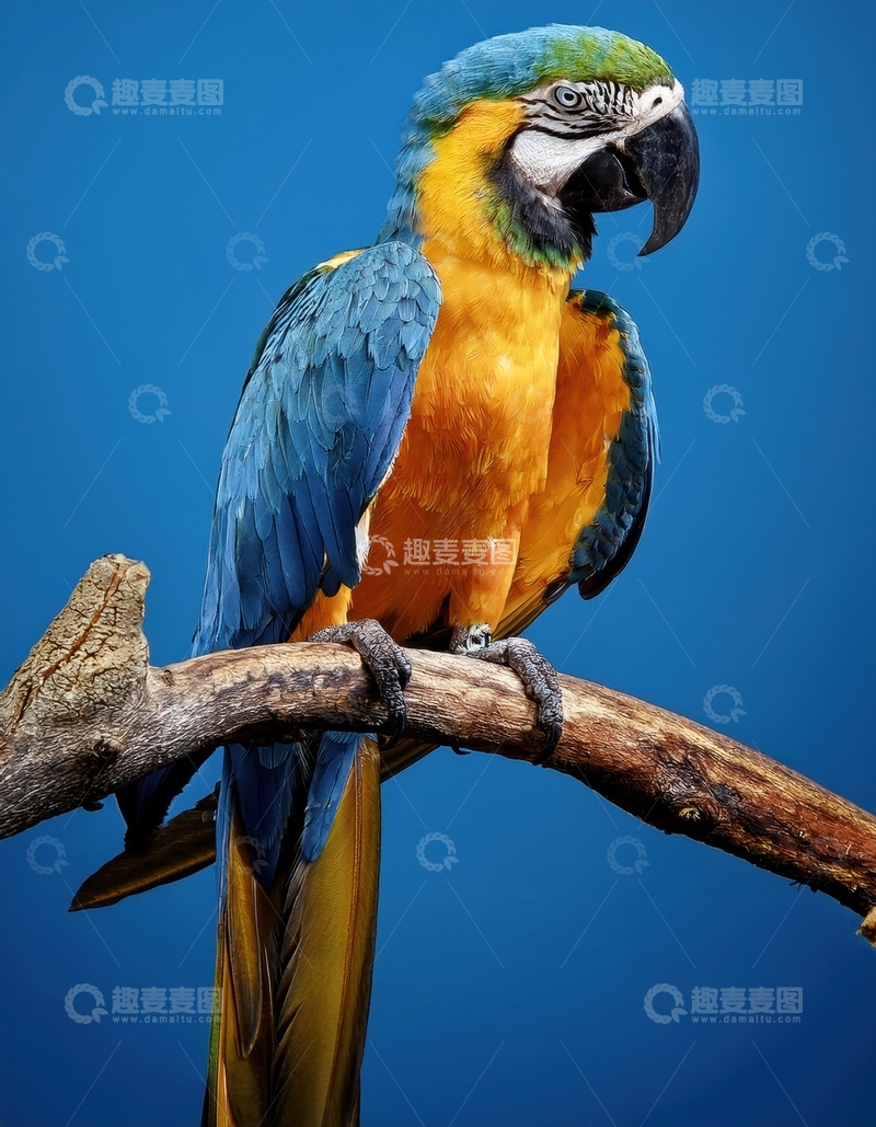 高清大图下载【趣麦麦图】蓝背景上的蓝黄金刚鹦鹉