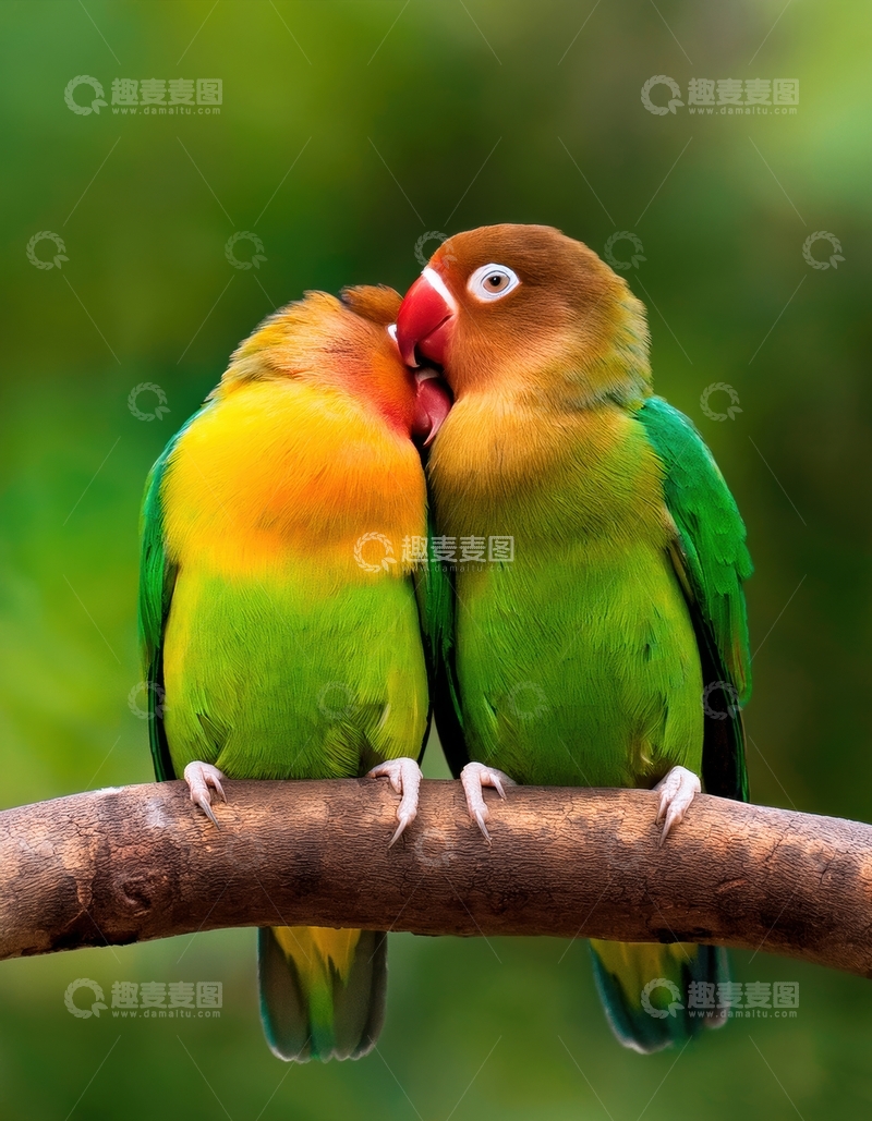 高清大图下载【趣麦麦图】绿景中亲昵的情侣鹦鹉