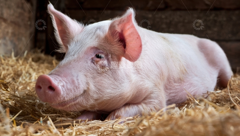 高清大图下载【趣麦麦图】干草堆中小猪安静躺着