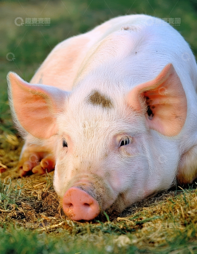 高清大图下载【趣麦麦图】草地上休憩的白色肥猪