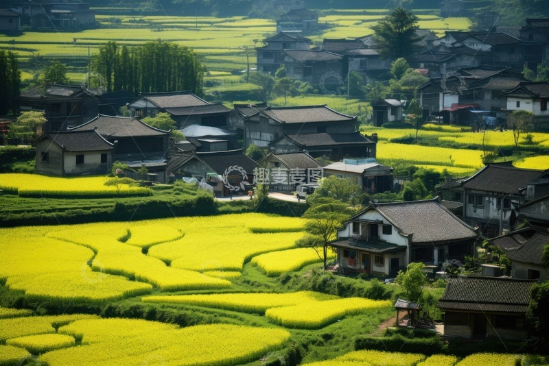 高清大图下载【趣麦麦图】乡村油菜花村镇建筑