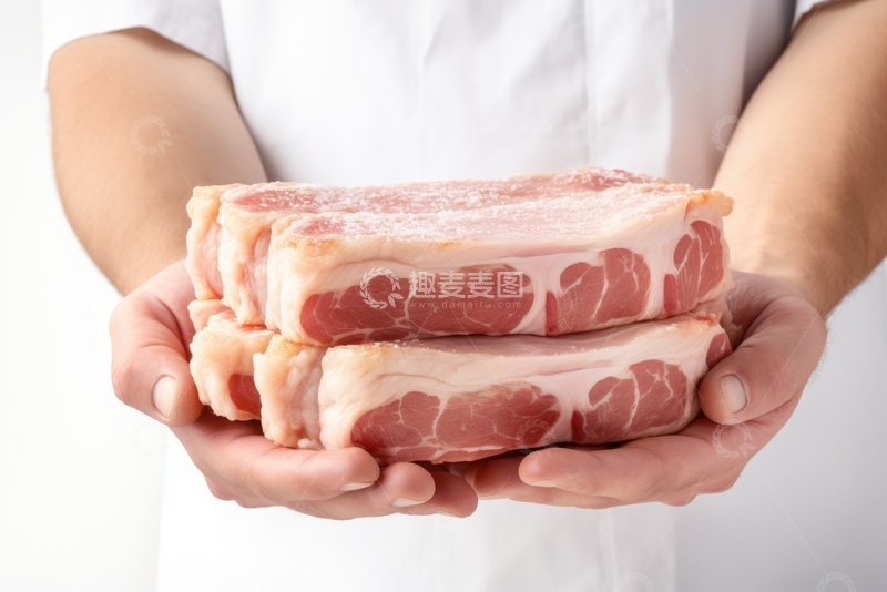 高清大图下载【趣麦麦图】厨师拿着两块猪肉