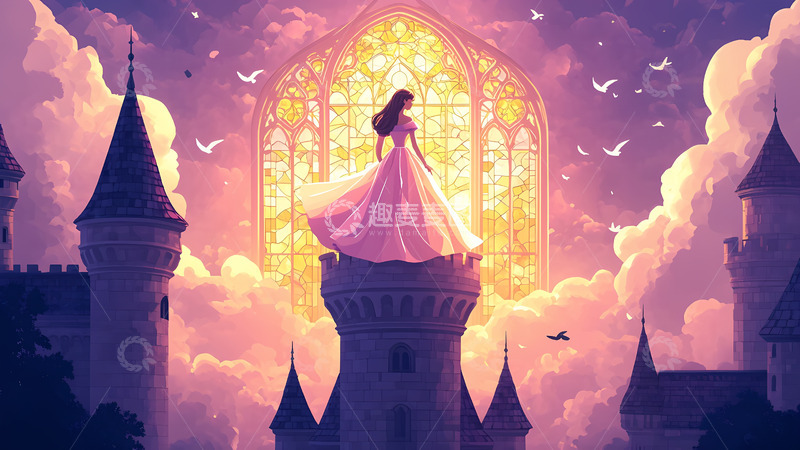 高清大图下载【趣麦麦图】创意卡通手绘城堡里的公主插画
